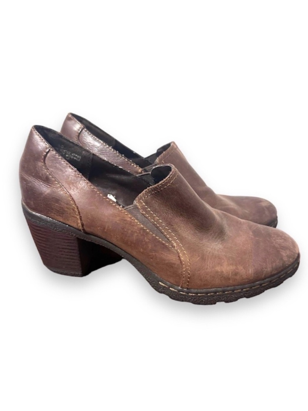 Y2K Merona Brown Leather Block Heel Round Toe Booties Women’s Size 10 Academia